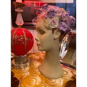 vintage 1950s purple floral headpiece 50s flower hat lilac lavender easter mcm